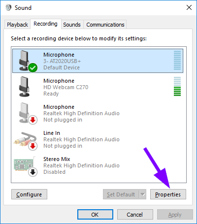usb microphone settings windows 10